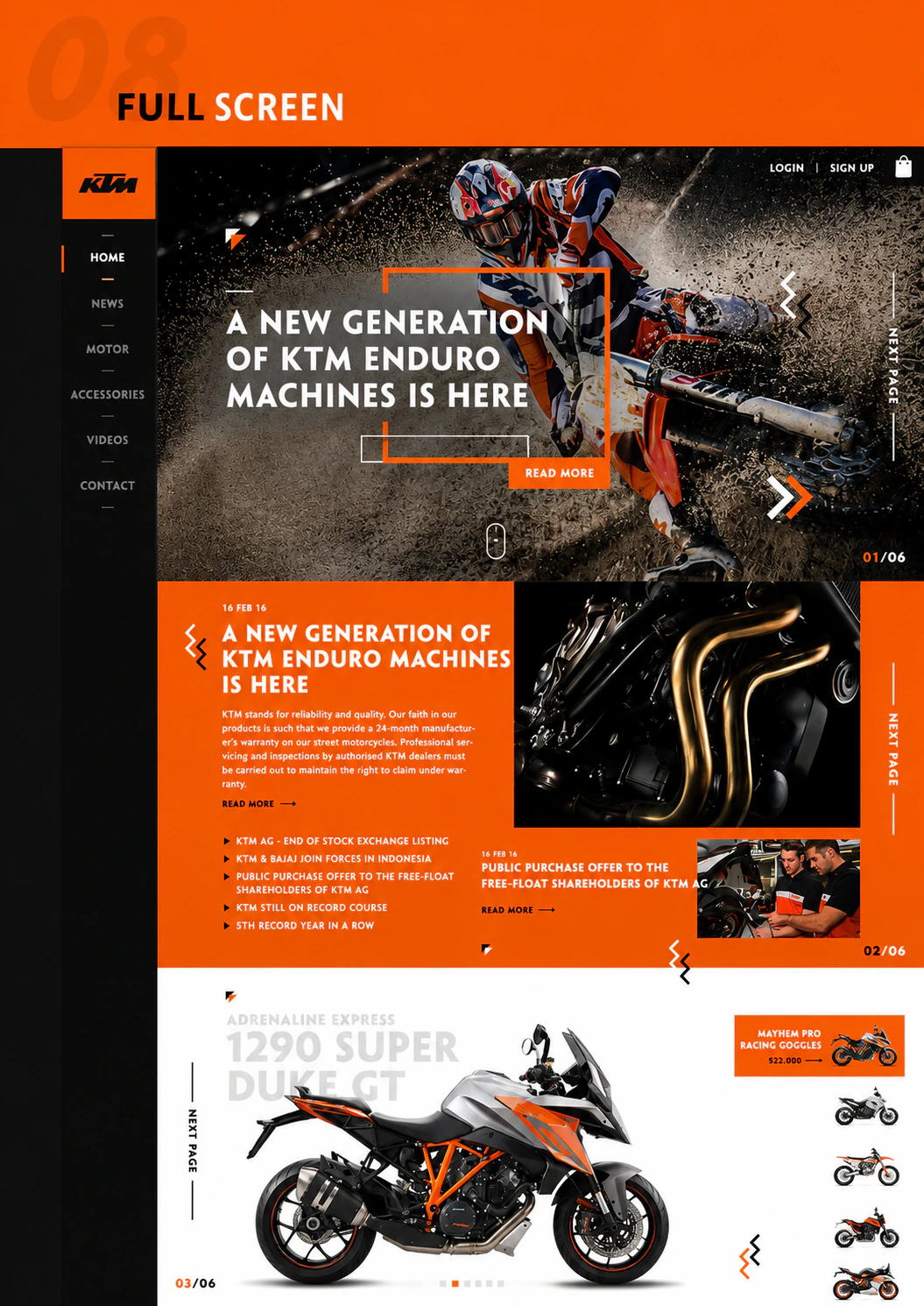 Apex Moto — motorsport retail site with a bold orange full-screen layout