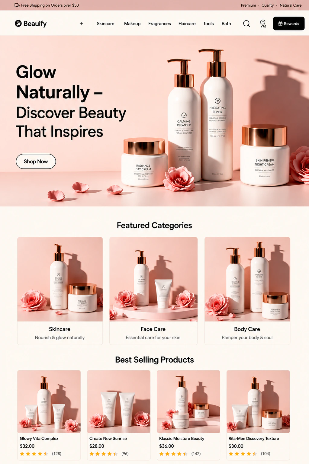 Beauify — clean-beauty e-commerce homepage with a pink product hero