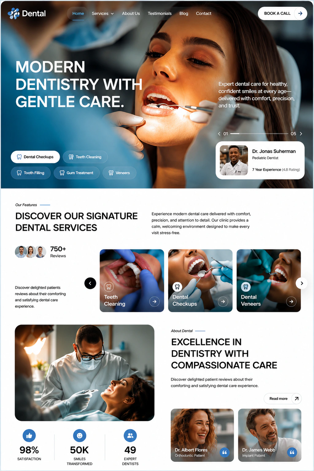 Dental — clinic website with a clinical blue hero and appointment booking