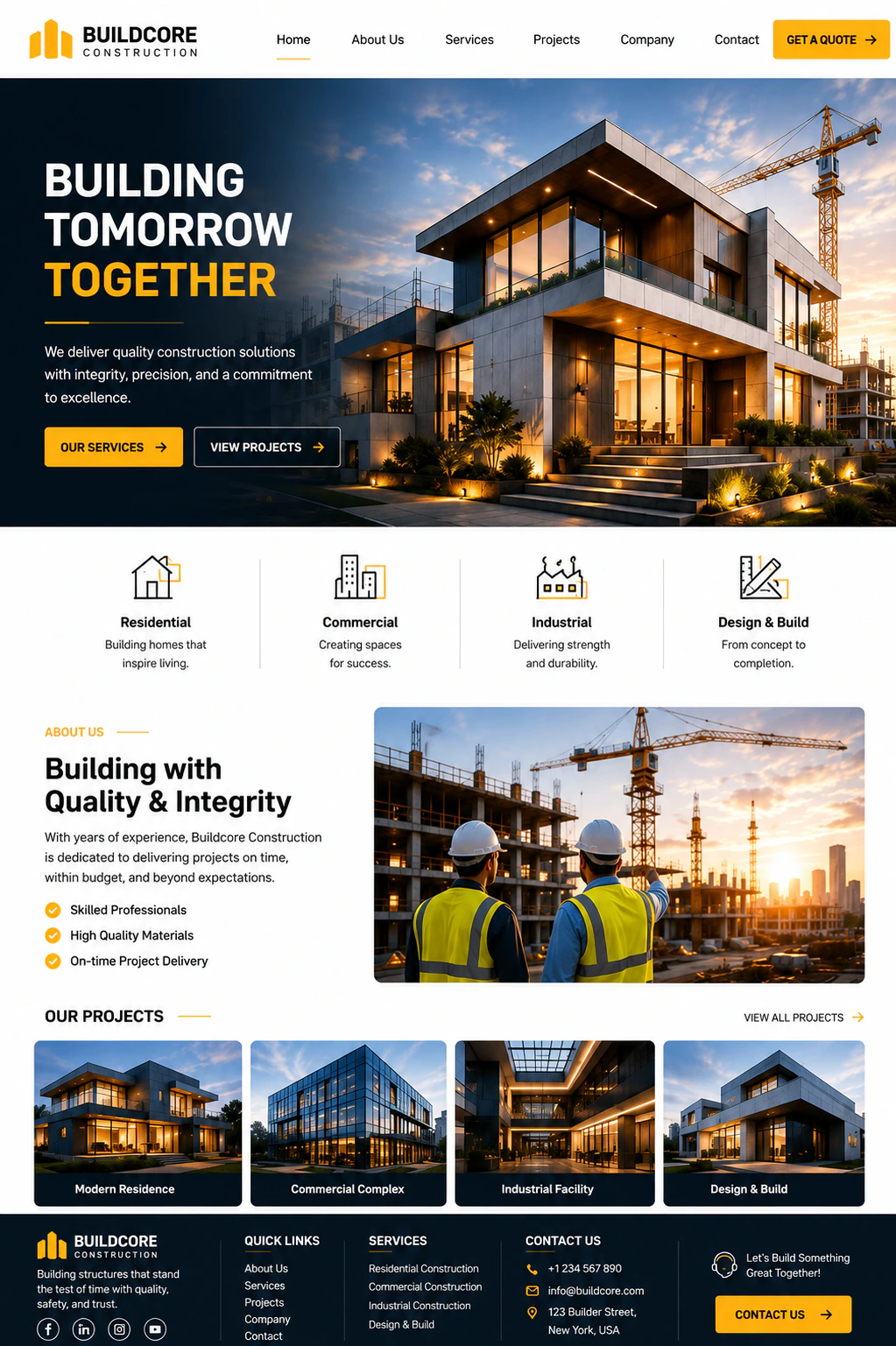 Buildcore — construction company website with a modern building at dusk