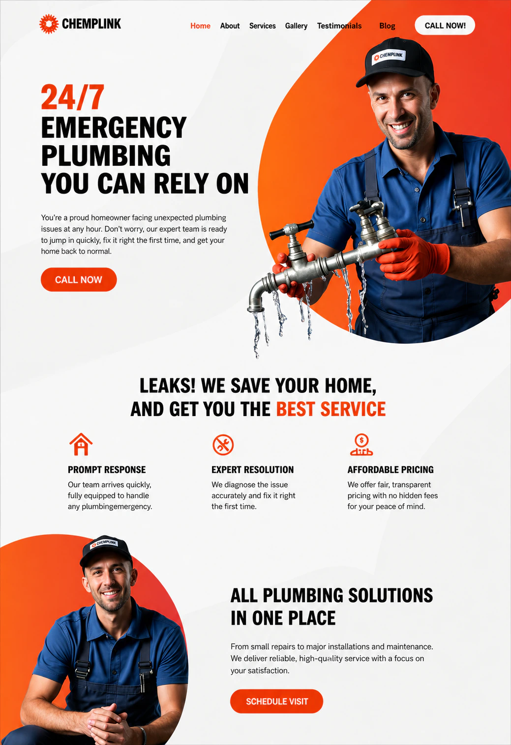 Chemplink — 24/7 plumbing service website with a bold orange hero