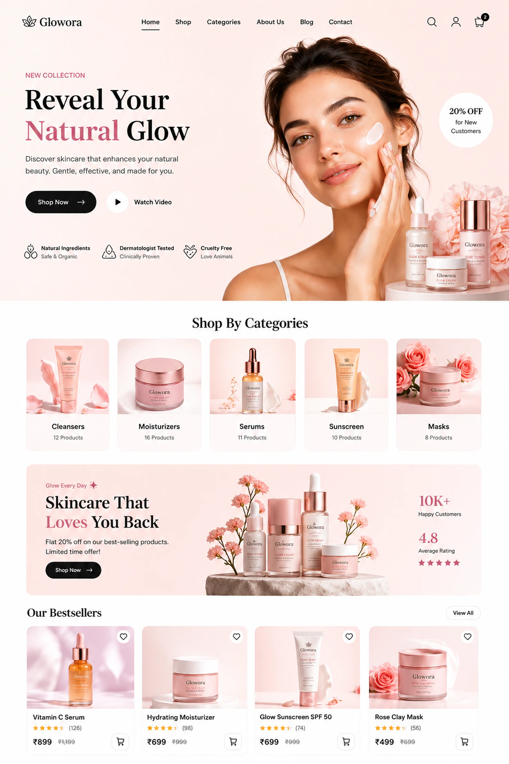 Glowora — skincare e-commerce homepage in blush pink