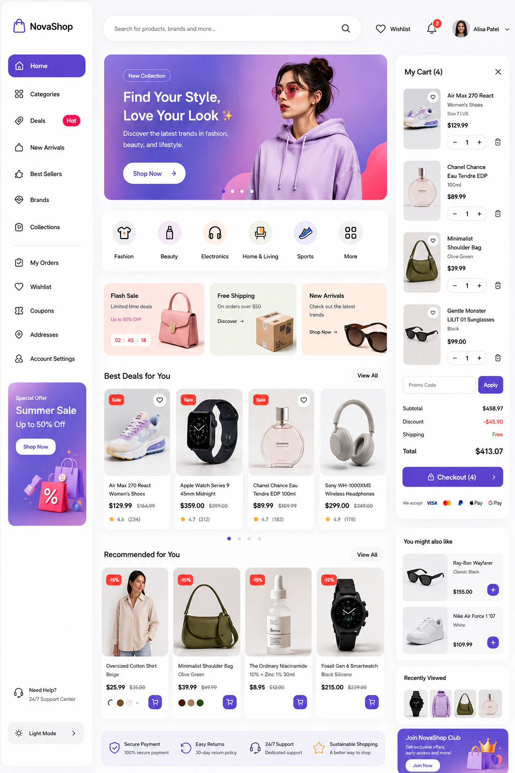 NovaShop — multi-category marketplace with a purple hero and live cart