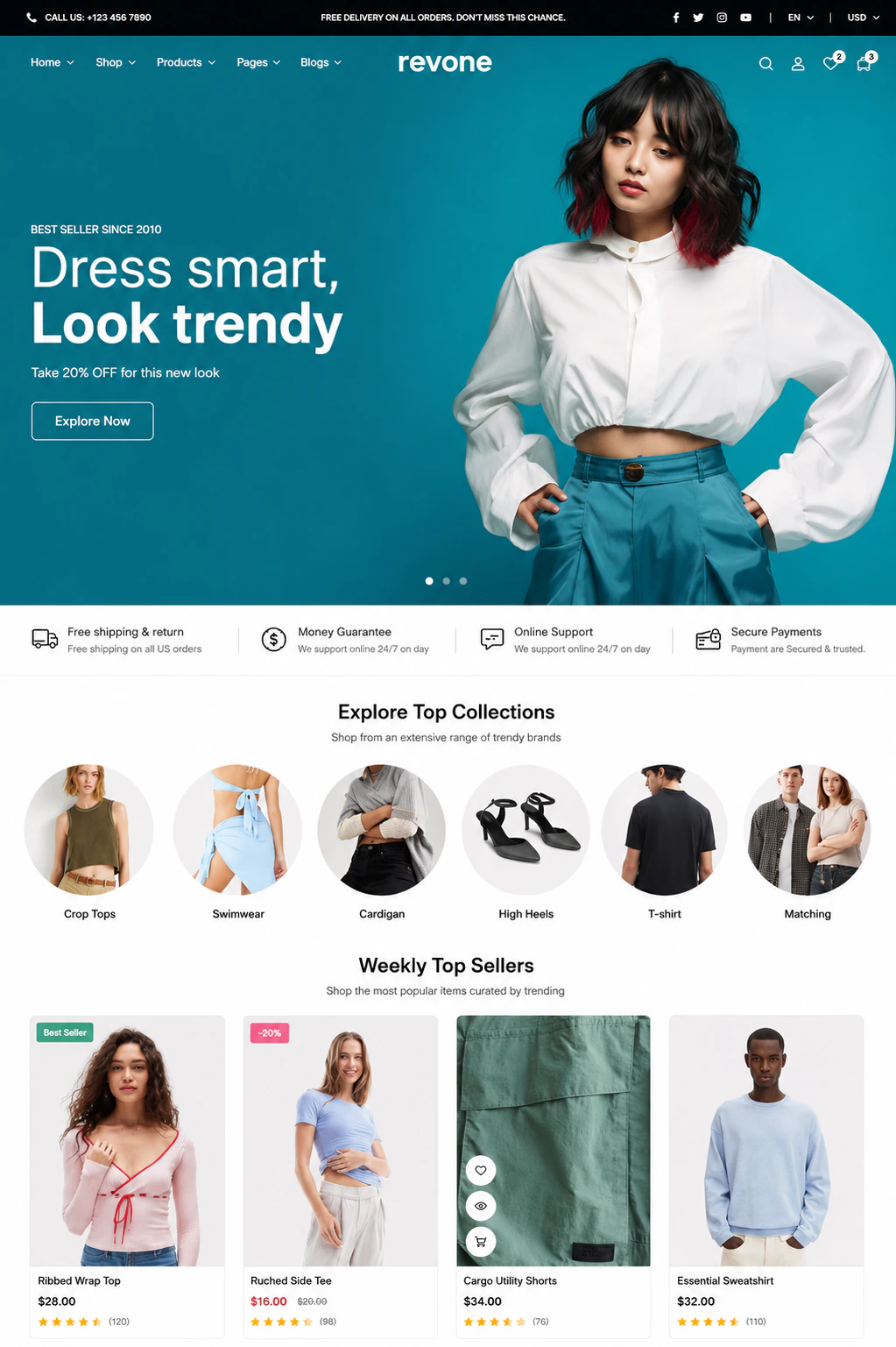 revone — fashion e-commerce homepage with a teal editorial hero