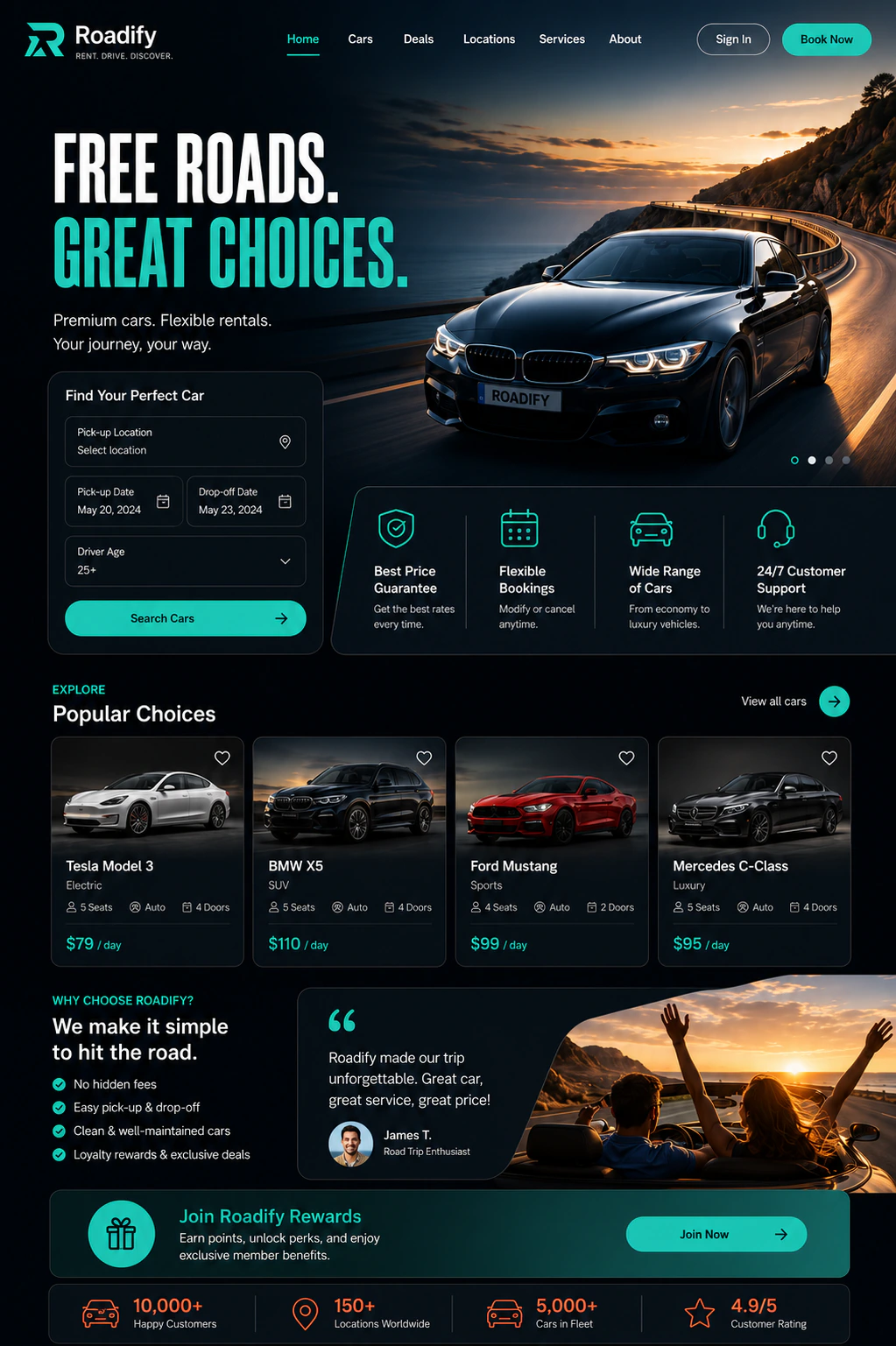 Roadify — car rental website with a dark hero and teal accents