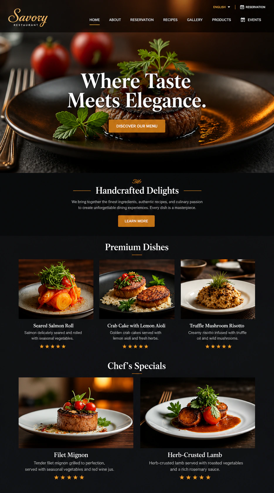 Savory — fine-dining restaurant website with a full-bleed plated dish